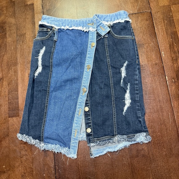 SJYP Dresses & Skirts - SJYP Womens Denim Patchwork Asymmetrical Fringe Pencil Skirt Blue Size Medium‎